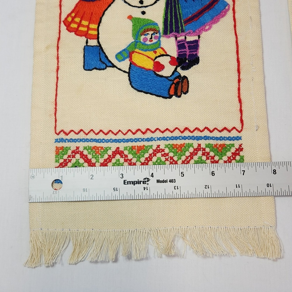 Vintage Hand‎ Embroidered Winter Wall Hangings Set 2 Snowman Sledding Folk Art - Picture 7 of 8